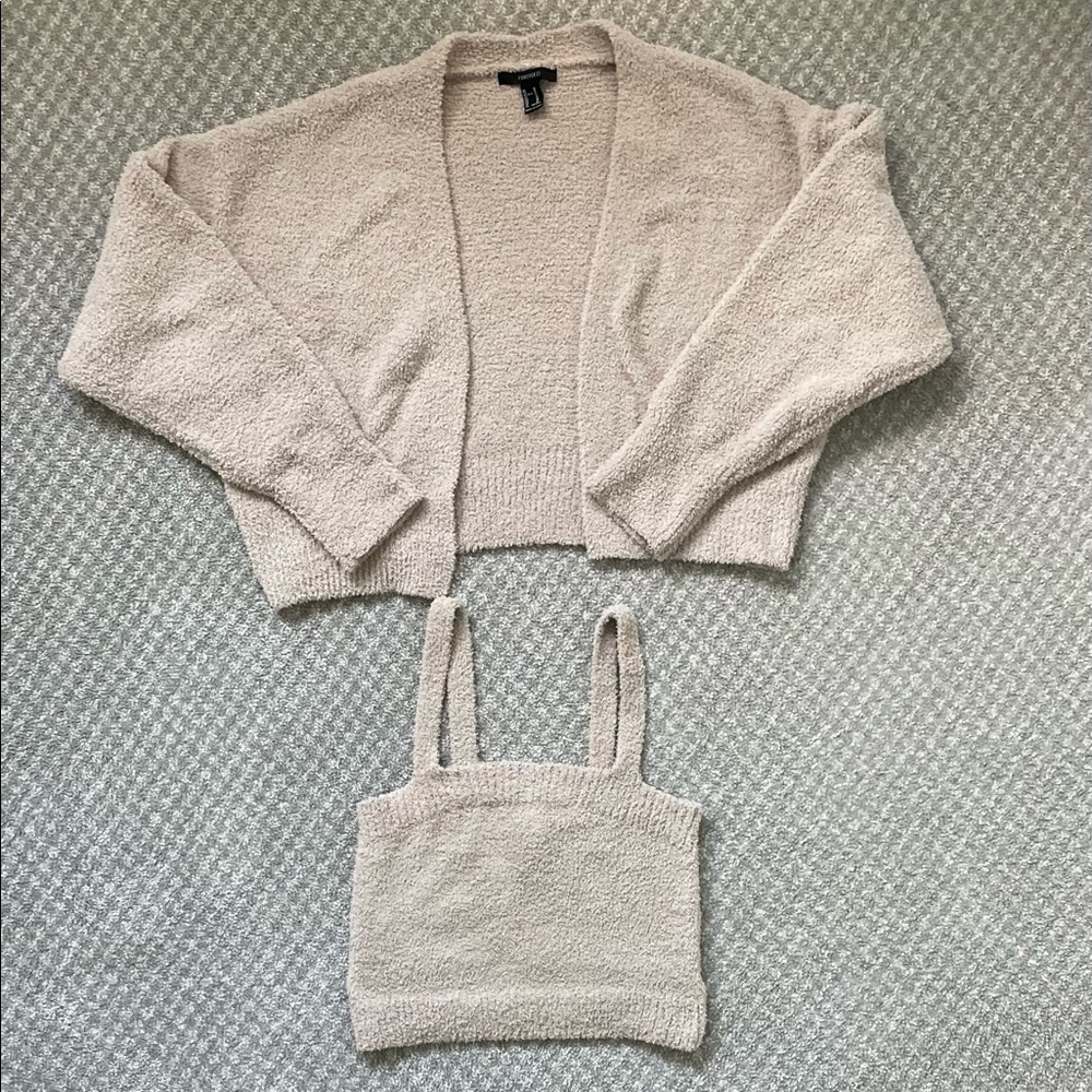 Fuzzy cropped cardigan 2 piece set